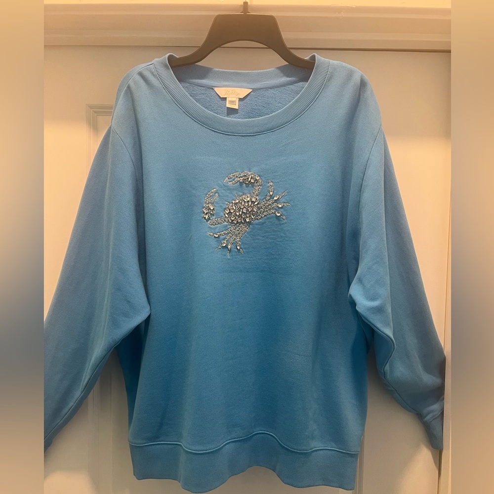 Lilly Pulitzer Baby Blue Sweatshirt with diamond sparkle silver crab emblem